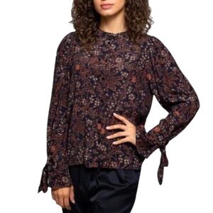 WARM Francesca Black & Brown Floral Printed Tie Sleeve Button Down Blouse - M